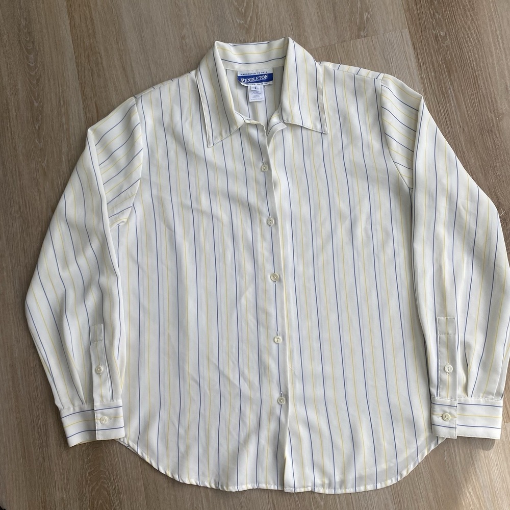 Vintage Pendleton Pinstripe Blouse 80s Secretary Shirt Blue White Old Money Sz 8